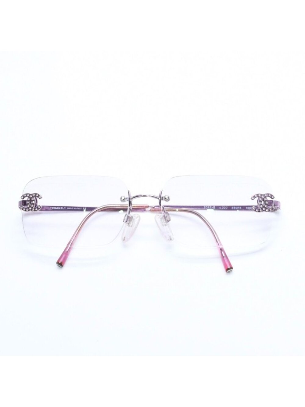 Chanel Rimless Sunglasses Eyewear CC Logo Rhinestone Pink